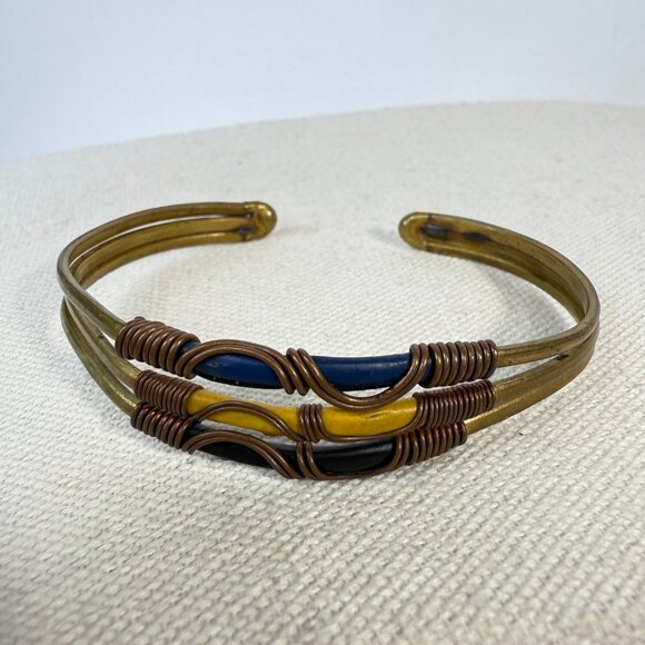 Wire Wrapped Artisan Created Cuff Bracelet Blue Yellow Art Deco - Picture 5 of 7